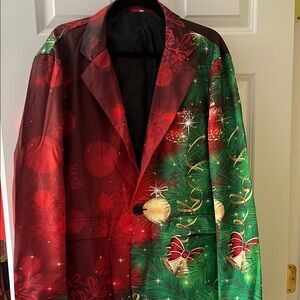 Festive Red and Green Blazer with Holiday Flair